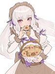  1girl apron basket braid checkerboard_cookie commentary cookie cowboy_shot dress eating fire_emblem fire_emblem:_three_houses fire_emblem_heroes food gonzarez grey_apron highres holding holding_basket holding_food juliet_sleeves long_hair long_sleeves looking_at_viewer lysithea_von_ordelia maid maid_headdress pink_eyes puffy_sleeves simple_background solo standing twin_braids very_long_hair white_background white_dress white_hair 