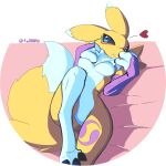  absurd_res ando anthro bandai_namco bed black_sclera breasts butt canid canine clothed clothing digimon digimon_(species) female fur furniture hair hi_res mammal mane mane_hair mostly_nude renamon solo tomoe_(symbol) white_body white_fur yellow_body yellow_fur 