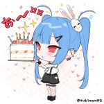  1girl bare_arms bare_shoulders birthday_cake black_footwear black_skirt blue_hair blush cake candle chibi collared_shirt commentary_request ear_piercing fire fishnet_thighhighs fishnets food fruit full_body hair_ornament hairclip heart highres holding holding_plate long_hair looking_away original parted_lips piercing plate rabbit_hair_ornament red_eyes shirt shoes simple_background skirt sleeveless sleeveless_shirt solo sparkle standing strawberry thighhighs translation_request tsukiman twintails twitter_username very_long_hair white_background white_shirt wrist_cuffs 