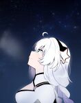  1girl 5rwpvc ahoge blue_eyes bodysuit braid breasts commentary_request grey_hair hair_between_eyes highres honkai_(series) honkai_impact_3rd kiana_kaslana kiana_kaslana_(white_comet) long_hair low_twintails medium_breasts night night_sky outdoors profile sky solo star_(sky) star_(symbol) starry_sky twin_braids twintails white_bodysuit 