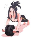  1girl =3 ab_roller bare_arms barefoot black_hair black_pants blush breasts brown_eyes cleavage closed_mouth commentary_request dendra_(pokemon) exercise eyelashes highres holding osg_pk pants pokemon pokemon_(game) pokemon_sv solo sports_bra sweat tiptoes toes white_background 