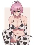  1girl ahoge animal_print aoba_(kancolle) bikini breasts cleavage cow_print elbow_gloves feet_out_of_frame gloves green_eyes hair_ornament hair_scrunchie highres ikadamo kantai_collection large_breasts ponytail purple_hair scrunchie sitting smile solo swimsuit thighhighs white_bikini white_gloves white_scrunchie white_thighhighs 