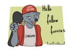  anthro backwards_baseball_cap backwards_hat baseball_cap canid canine canis cheek_tuft clothing dialogue english_text facial_tuft fangs freckles_(artist) fur grey_body grey_fur half-closed_eyes hat headgear headwear hoodie humor male mammal meme narrowed_eyes open_mouth open_smile shirt simple_background skateboard smile solo t-shirt teeth text topwear tuft wolf 