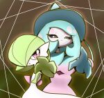  2girls arm_up black_sclera blue_hair blue_headwear bob_cut closed_mouth colored_sclera colored_skin commentary dot_mouth flat_chest gardevoir green_hair green_skin hair_over_one_eye hat hatterene highres long_hair looking_at_another looking_at_viewer multicolored_hair multicolored_skin multiple_girls one_eye_covered orange_outline outstretched_arm pink_hair pokemon pokemon_(creature) prehensile_hair reaching_towards_viewer red_eyes short_hair sidelocks standing two-tone_hair two-tone_skin upper_body very_long_hair white_eyes white_skin witch_hat yuri_(pixiv_76483886) 