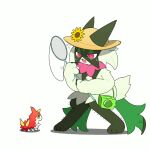  ambiguous_gender animated bodily_fluids clothing flower_accessory generation_3_pokemon generation_9_pokemon hat headgear headwear meowscarada net nintendo pokemon pokemon_(species) sweat tontaro wurmple 