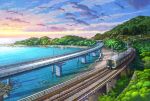  bridge cloud commentary_request lamppost mountain mugumo_24k no_humans ocean original outdoors overhead_line power_lines railroad_tracks road rock scenery train water 