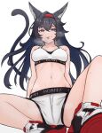  1girl animal_ears arknights black_hair blaze_(arknights) blue_eyes breasts cat_ears cat_girl cat_tail closed_mouth fangs_(fangs_art) headband long_hair looking_at_viewer navel shoes shorts simple_background sitting smile sneakers solo sports_bra spread_legs stomach sweat tail tongue tongue_out white_background white_shorts white_sports_bra 