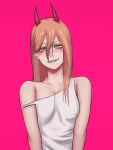  1girl breasts chainsaw_man commentary covered_nipples grin hair_behind_ear hair_between_eyes highres horns mrjack orange_eyes orange_hair pink_background power_(chainsaw_man) red_horns sharp_teeth small_breasts smile solo strap_slip tank_top teeth upper_body white_tank_top 