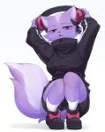  2023 accessory anthro black_clothing black_jacket black_topwear blep blue_eyes bow_ribbon cellphone clothing crouching female fluffy fluffy_tail fur hair_accessory hair_bow hair_ribbon headphones jacket looking_at_viewer mammal mephitid phone pokithekat purple_body purple_fur ribbons skunk solo tail tongue tongue_out topwear 