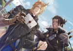  2boys animal_ears arknights blonde_hair blue_eyes blue_sky brown_hair dark-skinned_male dark_skin demon_boy gauntlets grin highres holding holding_letter holding_sword holding_weapon horse_boy horse_ears horse_tail letter mlynar_(arknights) multiple_boys official_art pointing pointy_ears rhodes_island_logo single_gauntlet sky smile sword sword_behind_back tail toland_(arknights) weapon yellow_eyes 