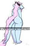  absurd_res alpha_channel ambiguous_gender anthro azula_(axioxan) big_butt blue_body butt caramelthegoat claws ear_piercing english_text female_(lore) fur hair hi_res horn looking_down meme piercing pink_body pink_fur pink_hair shoulder_tuft signature simple_background solo standing text transparent_background tuft 