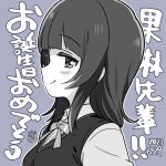  1girl asaka_karin birthday blunt_bangs blush breasts commentary dated from_side grey_background greyscale looking_at_viewer love_live! love_live!_nijigasaki_high_school_idol_club lowres medium_breasts mezashi_(mezamashi_set) monochrome nijigasaki_academy_school_uniform school_uniform short_hair sidelocks signature smile solo translation_request upper_body 