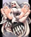  1girl artist_logo artist_name bare_legs barefoot bed_sheet blush breasts claws commentary commission covering covering_crotch dorsiflexion english_commentary eyelashes feet feet_up foot_focus from_above full_body highres horns huge_breasts kantai_collection knees_up long_hair long_sleeves lying on_back pink_eyes ribbed_sweater seaport_princess shadow sideboob single_horn sleeves_past_wrists soles solo spread_toes sweater toenails toes turtleneck very_long_hair watermark white_hair zl-crow_red 