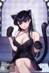  1girl absurdres animal_ears animal_hands bare_shoulders black_dress black_hair blush breasts cabinet cat_ears cat_paws cat_tail cleavage dress hair_ornament hairclip highres komi-san_wa_komyushou_desu komi_shouko large_breasts long_hair maealgae1 open_mouth purple_eyes sitting solo tail thighs 