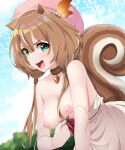  1girl animal_ears ayunda_risu blush breasts breasts_out brown_hair clothes_pull green_eyes highres hololive hololive_indonesia large_breasts looking_at_viewer medium_hair nipples nonstop_nut_november open_mouth smile solo squirrel_ears squirrel_girl squirrel_tail tail virtual_youtuber yuyu5x 