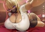  1girl bed blonde_hair breasts brown_skirt choker cleavage ear_piercing fake_phone_screenshot fake_screenshot holding holding_phone huge_breasts jewelry mask miniskirt mouth_mask necklace original phone piercing purple_eyes selfie shirt skirt taking_picture tamada_heijun tan white_shirt zipper_skirt 