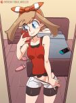 1girl bed bedroom bike_shorts bike_shorts_under_shorts blue_eyes bow_hairband breasts brown_hair cowboy_shot english_commentary groin hairband hand_up highres indoors looking_at_phone may_(pokemon) medium_hair mirror nintendo_switch paid_reward_available patreon_username phone pillow pokemon pokemon_oras red_hairband red_shirt selfie shirt shorts shorts_under_shorts slippers small_breasts smile solo tobias_wheller white_shorts wooden_floor 