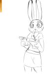  anthro bottomwear cellphone clothing disney drinking ears_up female hi_res judy_hopps lagomorph leporid line_art looking_at_viewer mammal phone rabbit shirt simple_background skirt solo spoof_(artist) topwear white_background zootopia 