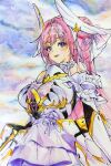  1girl armor bare_shoulders blush breasts closed_mouth colored_pencil_(medium) detached_sleeves dorothy_(nikke) dress frilled_dress frills goddess_of_victory:_nikke hair_bun highres large_breasts long_hair michikusa_choco pink_hair purple_eyes ribbon single_side_bun skirt smile solo thighhighs traditional_media twitter_username very_long_hair 