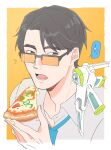  1boy animification apex_legends black_eyes black_hair blue_necktie border collarbone collared_shirt crypto_(apex_legends) food grey_shirt hack_(apex_legends) hair_behind_ear highres holding holding_food holding_pizza inconspicuous_crypto looking_to_the_side male_focus necktie orange_background pizza pizza_slice po57573 portrait shirt solo sparkle speech_bubble spoken_sparkle sunglasses white_border 