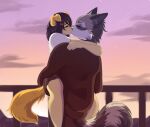  2023 anthro bow_ribbon brown_body brown_fur canid canine canis carrying_another clothing domestic_dog duo embrace eyes_closed fluffy fluffy_tail fur grey_body grey_fur holding_another hug kissing kotta love male male/male mammal outside rahl snout sunset tail thelly wolf 