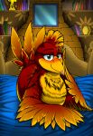  anthro avian banjo-kazooie beak bed bedroom_eyes book breegull feathers female furniture green_eyes kazooie kitsune_youkai narrowed_eyes no_text rareware red_body red_feathers seductive solo wings yellow_body yellow_feathers 