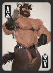  1boy abs ace_(playing_card) animal_ears armpit_hair armpit_hair_peek bara bikini_briefs body_fur bracer brown_male_underwear bulge card card_(medium) chest_tuft feet_out_of_frame gloves highres holding horse_boy horse_ears horse_tail large_pectorals looking_at_viewer male_focus male_pubic_hair male_underwear mature_male muscular muscular_male navel navel_hair nipples one_eye_closed original pectorals penis penis_peek playing_card pubic_hair seductive_smile short_hair smile solo standing stomach strongman_waist tail thick_eyebrows thick_thighs thighs tooboshoo topless_male underwear 