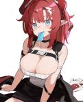  1girl absurdres black_choker black_skirt blue_archive blue_eyes blush breasts choker cleavage food_in_mouth hair_ornament haramaki_(haranomaki) highres horns large_breasts long_hair looking_at_viewer megu_(blue_archive) mouth_hold pleated_skirt pointy_ears ponytail popsicle_in_mouth red_hair red_horns ribbed_tank_top simple_background sitting skirt solo tank_top white_background white_tank_top 