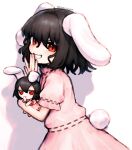  1girl absurdres animal_ears black_hair blush character_doll commentary_request cowboy_shot doll dress floppy_ears fumo_(doll) grin hair_between_eyes hand_to_own_mouth highres holding holding_doll inaba_tewi looking_at_viewer medium_bangs natucurage pink_dress puffy_short_sleeves puffy_sleeves rabbit_ears rabbit_girl rabbit_tail red_eyes ribbon-trimmed_dress shadow short_hair short_sleeves simple_background smile solo tail touhou white_background 