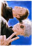  2boys black_eyes black_hair black_jacket blue_background blue_eyes closed_mouth getou_suguru gojou_satoru grin hand_up highres jacket jujutsu_kaisen male_focus multiple_boys ndsoda round_eyewear short_hair sideways smile sunglasses teeth twitter_username upper_body v white_hair 