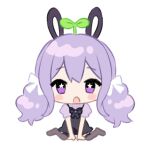  1girl :o animal_ears black_dress blush_stickers bow brown_thighhighs chibi chitosezaka_suzu dress full_body hair_bow long_hair looking_at_viewer open_mouth original over-kneehighs puffy_short_sleeves puffy_sleeves purple_eyes purple_hair purple_shirt rabbit_ears sapling shirt short_sleeves simple_background sitting sleeveless sleeveless_dress solo star-shaped_pupils star_(symbol) symbol-shaped_pupils thighhighs very_long_hair wariza white_background white_bow 