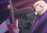  black_hoodie blonde_hair breasts brown_eyes closed_mouth commentary denim denim_shorts electric_guitar guitar hall_onon holding holding_instrument hood hoodie instrument long_sleeves medium_breasts original shorts smile stage swept_bangs yarei_himi_(hall_onon) 