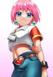  1girl arm_behind_back beauty_(bobobo-bo_bo-bobo) belt blue_eyes blue_pants bobobo-bo_bo-bobo bracelet earrings gradient_background heart jewelry midriff monoton_(neoteto) navel pants pink_background pink_hair short_hair short_sleeves simple_background smile solo zipper_pull_tab 