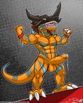  abs anthro balls bandai_namco biceps big_muscles bodily_fluids claws cum digimon digimon_(species) digital_media_(artwork) erection feet flexing flexing_bicep flexing_both_biceps genital_fluids genitals geogreymon hair hi_res horn looking_at_viewer male markings muscular muscular_male nude open_mouth orange_body pecs penis reptile scalie simple_background smashed_(artist) smile solo standing tail teeth toes tongue vein 