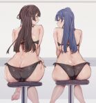  2girls alp ass bikini black_bikini black_hair blue_hair brown_eyes butt_crack closed_mouth commentary_request crossed_legs crossover feet glaring hair_bun highres idolmaster idolmaster_shiny_colors long_hair looking_at_viewer love_live! love_live!_sunshine!! mayuzumi_fuyuko multiple_girls on_stool red_eyes side-tie_bikini_bottom simple_background single_side_bun sitting swimsuit toes tsushima_yoshiko two_side_up 