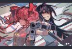  2girls akemi_homura black_hair bow bowtie dethmaid devil_may_cry_(series) devil_may_cry_3 gun handgun highres holding holding_gun holding_weapon kaname_madoka long_hair looking_at_viewer magical_girl mahou_shoujo_madoka_magica multiple_girls pink_bow pink_eyes pink_hair purple_bow purple_bowtie purple_eyes scene_reference short_hair two_side_up very_long_hair weapon 