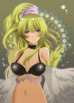  1girl aikosu_(icos) animal_hands blonde_hair blush breasts choker cleavage duel_monster feathered_wings feathers green_eyes harpie_dancer harpy large_breasts long_hair looking_at_viewer monster_girl navel ponytail solo v white_feathers white_wings winged_arms wings yu-gi-oh! 