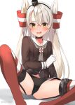  1girl amatsukaze_(kancolle) black_garter_straps black_panties breasts brown_dress brown_eyes cameltoe dress garter_straps gloves grey_neckerchief hair_between_eyes hair_tubes hat highres kantai_collection long_hair looking_at_viewer looking_back makiyuki mini_hat neckerchief panties red_thighhighs sailor_dress short_dress single_glove sitting small_breasts smokestack_hair_ornament solo spread_legs striped striped_thighhighs thighhighs two_side_up underwear very_long_hair white_gloves white_hair 