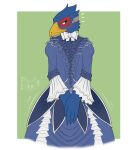  2023 absurd_res anthro avian blue_body blue_feathers blush clothed clothing crossdressing digital_drawing_(artwork) digital_media_(artwork) dress falco_lombardi feathers fur girly hair hi_res looking_away male malekart nintendo signature simple_background smile solo star_fox watermark white_background 