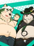  anthro belly belt blush bulge canid canine canis clothing dagehot domestic_dog duo eyebrows fur green_body green_fur hi_res lifewonders live_a_hero male mammal mokdai navel necktie overweight raccoon_dog shirtless shoen tanuki thick_eyebrows underwear 