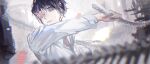  1boy absurdres bai_liu bishounen black_hair bone chromatic_aberration falling_petals flower flower_in_eye highres holding holding_bone i_became_a_god_in_a_horror_game long_sleeves male_focus motion_blur outdoors petals rose shirt short_hair symbol_in_eye white_shirt x-yukiiiii 