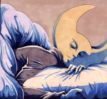  1boy closed_eyes colored_skin gloves highres hylics male_focus parted_lips pillow shadow sleeping solanne-c solo under_covers upper_body wayne_(hylics) white_gloves yellow_skin 
