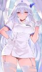  1girl alternate_costume ass_visible_through_thighs blush breasts commentary cowboy_shot crossed_bangs garter_straps genshin_impact gloves hair_between_eyes hand_on_own_hip hat highres large_breasts looking_at_viewer nurse nurse_cap parted_lips pink_eyes shiben_(ugvu5784) short_sleeves skirk_(genshin_impact) solo thighhighs thighs white_garter_straps white_gloves white_thighhighs 