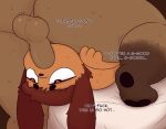  &lt;3 &lt;3_eyes anthro balls bed bodily_fluids brown_body brown_fur brown_hair cal_(zlut385) canid canine canis deep_throat digital_drawing_(artwork) digital_media_(artwork) domestic_dog duo erection fellatio fur furniture genitals hair hi_res irrumatio long_ears lyle_(zlut385) male male/male male_penetrating mammal nude open_mouth oral pawpads penetration penile penis profanity raccoon_dog reverse_blowjob sex simple_background sweat tan_body tan_fur tanuki text thick_thighs throat_swabbing zlut385 