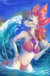  2023 anthro beach bikini blush breasts clothed clothing covarddappy detailed digital_media_(artwork) dragon eastern_dragon female fur glistening glistening_body hair hi_res high_quality japanese looking_at_viewer mask outside pink_hair portrait purple_body purple_fur scales scalie sea seaside shaded signature sky smile solo swimwear tail thick_thighs water wave ych_(character) 