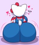  &lt;3 accessory anthro aroused big_butt blue_clothing bow_ribbon butt butt_focus clothing felid feline female gravtitty hair_accessory hair_bow hair_ribbon hello_kitty_(character) hello_kitty_(series) hi_res huge_butt mammal overalls pattern_clothing red_clothing ribbons sanrio sitting solo striped_clothing stripes white_body 