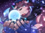  1boy armor bandaged_hand bandages bara black_nails blue_eyes cape chernobog_(housamo) demon_horns facial_hair furry furry_male glowing goatee highres horns male_focus muscular muscular_male night night_sky orb short_hair shoulder_armor sideburns sky snowflakes solo star_(sky) sumi_wo_hakuneko tearing_up thick_arms thick_eyebrows tokyo_afterschool_summoners tusks upper_body 
