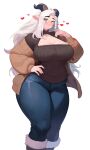  1girl absurdres animal_ears boots breasts denim fewer_digits goat_ears goat_girl goat_horns haru_feng heart highres horns jeans large_breasts long_hair looking_at_viewer original pants solo thick_thighs thighs white_background white_hair yellow_eyes 