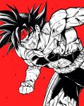  1boy angry armor bardock bleeding blood broken_armor clenched_hand cowboy_shot dragon_ball dragon_ball_z hands_up headband highres lee_(dragon_garou) looking_at_viewer monkey_tail monochrome muscular muscular_male open_mouth pants red_background red_headband scar scar_on_cheek scar_on_face short_hair simple_background solo spiked_hair tail teeth torn_clothes torn_pants veins 