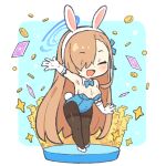  1girl animal_ears arm_up armpits asuna_(blue_archive) asuna_(bunny)_(blue_archive) bare_shoulders blue_archive blue_bow blue_bowtie blue_halo blue_leotard blue_ribbon bow bowtie breasts card chibi closed_eyes coin commentary covered_navel fake_animal_ears full_body gloves hair_ribbon halo highleg highleg_leotard large_breasts leaning_forward leotard light_brown_hair long_hair mole mole_on_breast official_alternate_costume onyhakase pantyhose playboy_bunny rabbit_ears rabbit_tail ribbon smile solo sparkle standing strapless strapless_leotard tail thighband_pantyhose very_long_hair white_footwear white_gloves 